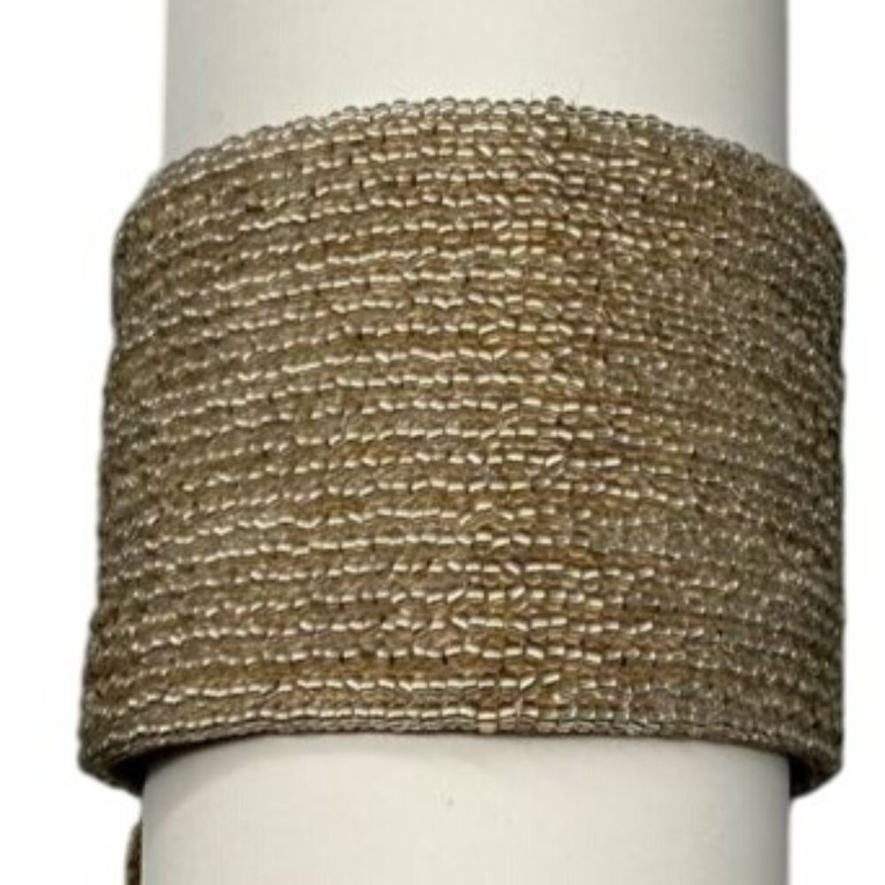 SD Leather Backed Champagne Beaded Bangle Bracelet Gladiator Boho Lagenlook
